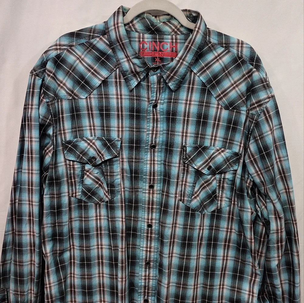 Cinch Plaid Western Shirt Men's XL Green Black Pearl Buttons Rodeo Cowboy Retro